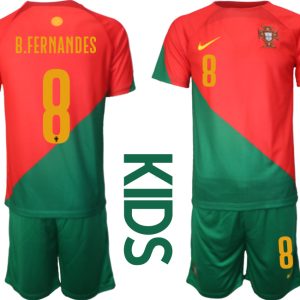 Kinder Portugal Heimtrikot T-Shirt Fußball-WM 2022 rot grün Trikotsatz Kit B.FERNANDES 8