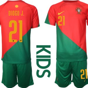 Kinder Portugal Heimtrikot T-Shirt Fußball-WM 2022 rot grün Trikotsatz Kit DIOGO J.21