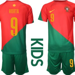 Kinder Portugal Heimtrikot T-Shirt Fußball-WM 2022 rot grün Trikotsatz Kit HORTA 9