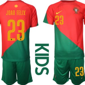 Kinder Portugal Heimtrikot T-Shirt Fußball-WM 2022 rot grün Trikotsatz Kit JOAO FELIX 23