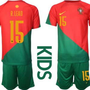 Kinder Portugal Heimtrikot T-Shirt Fußball-WM 2022 rot grün Trikotsatz Kit R.LEAO 15