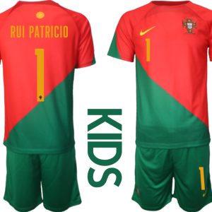 Kinder Portugal Heimtrikot T-Shirt Fußball-WM 2022 rot grün Trikotsatz Kit RUI PATRICIO 1