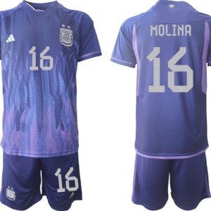 MOLINA #16 Argentinien FIFA WM Katar 2022 Auswärtstrikot Lila für Herren Kurzarm + Kurze Hosen