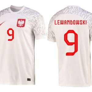 Polen WM 2022 Heim Trikot weiß Kurzarm Fußballtrikots mit Aufdruck LEWANDOWSKI 9