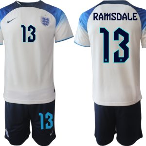 RAMSDALE #13 Herren England Fußball-WM 2022 Heimtrikot weiß blau Kurzarm + Kurze Hosen