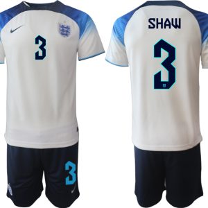 SHAW #3 Herren England Fußball-WM 2022 Heimtrikot weiß blau Kurzarm + Kurze Hosen