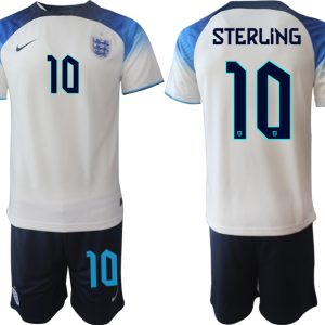 STERLING #10 Herren England Fußball-WM 2022 Heimtrikot weiß blau Kurzarm + Kurze Hosen