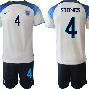 STONES #4 Herren England Fußball-WM 2022 Heimtrikot weiß blau Kurzarm + Kurze Hosen