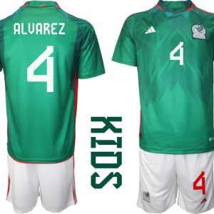 ALVAREZ 4 Kinder Heimtrikot Mexiko WM 2022 Grün Kurzarm + Kurze Hosen