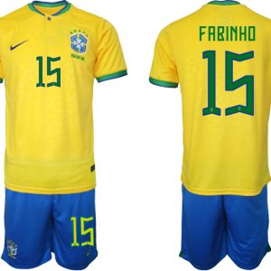 Brasilien WM 2022 Trikot gelb Kurzarm Trikotsatz Herren Fußballtrikots FABINHO 15