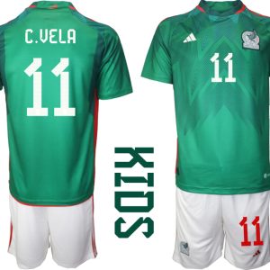 C.VELA 11 Kinder Heimtrikot Mexiko WM 2022 Grün Kurzarm + Kurze Hosen