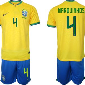 Günstig Heimtrikot Brasilien WM 2022 Trikot gelb Trikotsatz für Herren MARQUINHOS 4