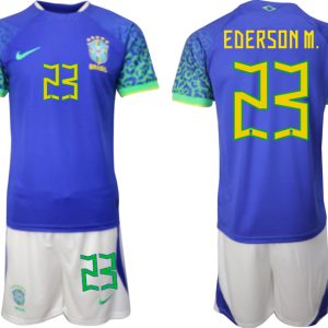 Günstig Herren Brasilien WM 2022 Auswärtstrikot blaue Kurzarm + Kurze Hosen EDERSON M. 23