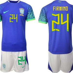 Günstig Herren Brasilien WM 2022 Auswärtstrikot blaue Kurzarm + Kurze Hosen FIRMINO 24