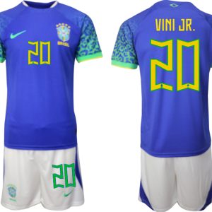 Günstig Herren Brasilien WM 2022 Auswärtstrikot blaue Kurzarm + Kurze Hosen VINI JR. 20