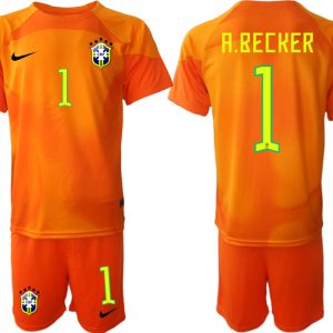 Herren Brasilien Torwarttrikot 2023 orange Kurzarm Fußballtrikots Set A.BECKER 1