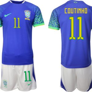 Herren Brasilien WM 2022 Auswärtstrikot blaue Fußballtrikots Set COUTINHO 11