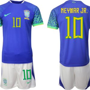 Herren Brasilien WM 2022 Auswärtstrikot blaue Fußballtrikots Set NEYMAR JR. 10