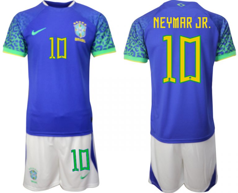 Herren Brasilien WM 2022 Auswärtstrikot blaue Fußballtrikots Set NEYMAR JR. 10