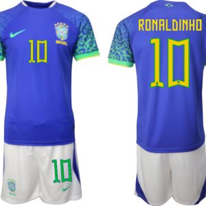 Herren Brasilien WM 2022 Auswärtstrikot blaue Fußballtrikots Set RONALDINHO 10