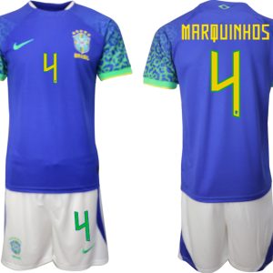 Herren Brasilien WM 2022 Auswärtstrikot blaue Kurzarm + Kurze Hosen MARQUINHOS 4