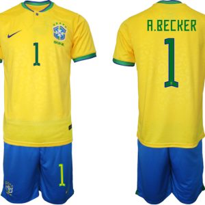 Herren Heimtrikot Brasilien WM 2022 Trikot gelb Kurzarm + Kurze Hosen A.BECKER 1