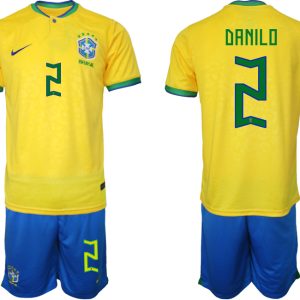 Herren Heimtrikot Brasilien WM 2022 Trikot gelb Kurzarm + Kurze Hosen DANILO 2