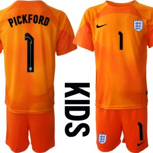 Kinder Fußball Trikot England Torwarttrikot 2022/23 orange mit Aufdruck PICKFORD 1