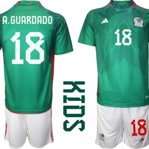 Kinder Heimtrikot Mexiko WM 2022 Grün Trikotsatz Kit mit Aufdruck A.GUARDADO 18