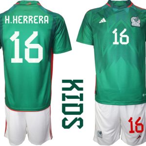 Kinder Heimtrikot Mexiko WM 2022 Grün Trikotsatz Kit mit Aufdruck H.HERRERA 16