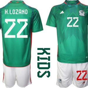 Kinder Heimtrikot Mexiko WM 2022 Grün Trikotsatz Kit mit Aufdruck H.LOZANO 22