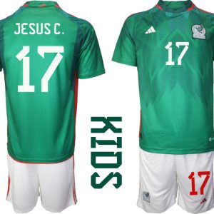 Kinder Heimtrikot Mexiko WM 2022 Grün Trikotsatz Kit mit Aufdruck JESUS C. 17