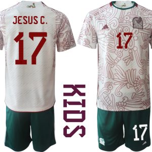 Kinder Mexiko 2022 WM Auswärtstrikot Kurzarm + Kurze Hosen mit Aufdruck JESUS C. 17