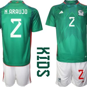 N.ARAUJO 2 Kinder Heimtrikot Mexiko WM 2022 Grün Kurzarm + Kurze Hosen