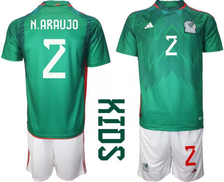 N.ARAUJO 2 Kinder Heimtrikot Mexiko WM 2022 Grün Kurzarm + Kurze Hosen