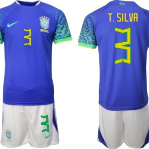 Neuen Herren Brasilien WM 2022 Auswärtstrikot blaue Trikotsatz mit Aufdruck T.SILVA 3