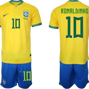 Neuen Herren Brasilien WM 2022 Trikot gelb Kurzarm + Kurze Hosen RONALDINHO 10