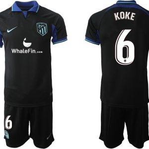 Atlético Madrid 2023 Auswärtstrikot Schwarz Kurzarm Trikotsatz Kit mit Aufdruck KOKE 6