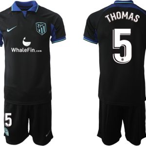 Atlético Madrid 2023 Auswärtstrikot Schwarz Kurzarm Trikotsatz Kit mit Aufdruck THOMAS 5