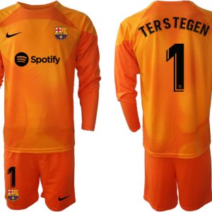 FC Barcelona 2023 Torwarttrikot orange Langarm + Kurze Hosen bestellen mit Aufdruck TERSTEGEN 1