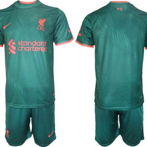 Herren Liverpool 22-23 Drittes Trikot Grüne Fußballtrikots Kurzarm + Kurze Hosen