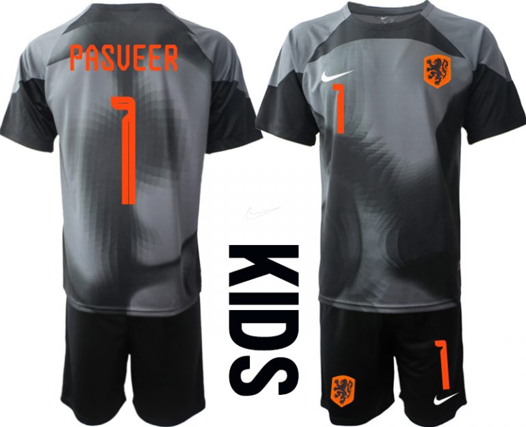 Kinder Niederlande Torwarttrikot 2022-23 schwarz Trikotsatz Kit mit Aufdruck PASVEER 1