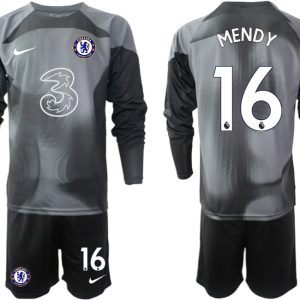 MENDY 16 Chelsea FC 2023 Torwarttrikot schwarz für Herren Langarm + Kurze Hosen