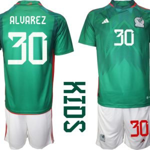 Neuen Kinder Heimtrikot Mexiko WM 2022 Kurzarm + Kurze Hosen ALVAREZ 30