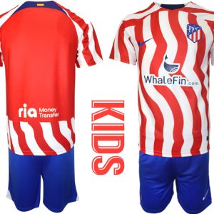 Personalisierbar Kinderheim Trikot Atlético Madrid 22-23 Kurzarm + Kurze Hosen