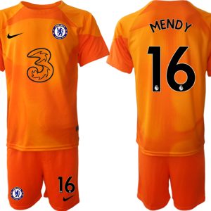 Neuen Chelsea FC 2023 Torwarttrikot orange Fußballtrikots Set mit Aufdruck MENDY 16