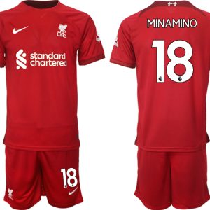 Personalisierte Fußballtrikots Liverpool 22-23 Heimtrikot Kurzarm + Kurze Hosen MINAMINO 18