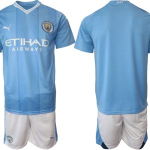 Herren Manchester City 23/24 Heimtrikot blau Kurzarm + weiß Kurze Hosen