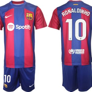 Billig FC Barcelona 2023-2024 Fußballtrikots Set mit namen RONALDINHO 10