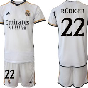 Herren Fußball Trikot Real Madrid 2023-24 Heimtrikot Kurzarm + Kurze Hosen RÜDIGER 22